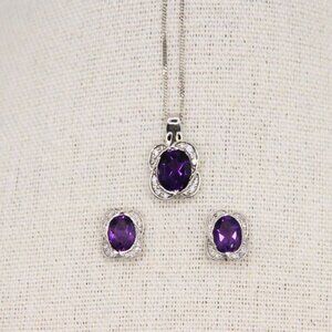 10K Diamond Amethyst Pendant Necklace Stud Earring Set